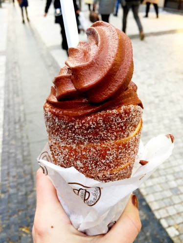 Trdelnik filled with ice cream in Prague, Czech Republic