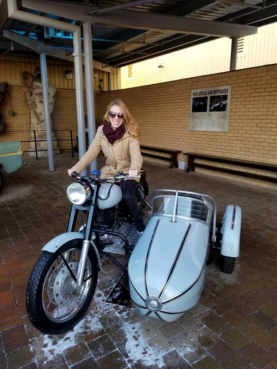 Amanda riding Hagrid's motorcycle 