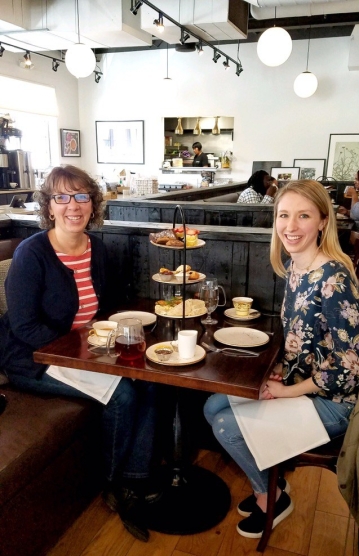 Amanda and her mom having afternoon tea at Thistle Farms Cafe in Nashville 