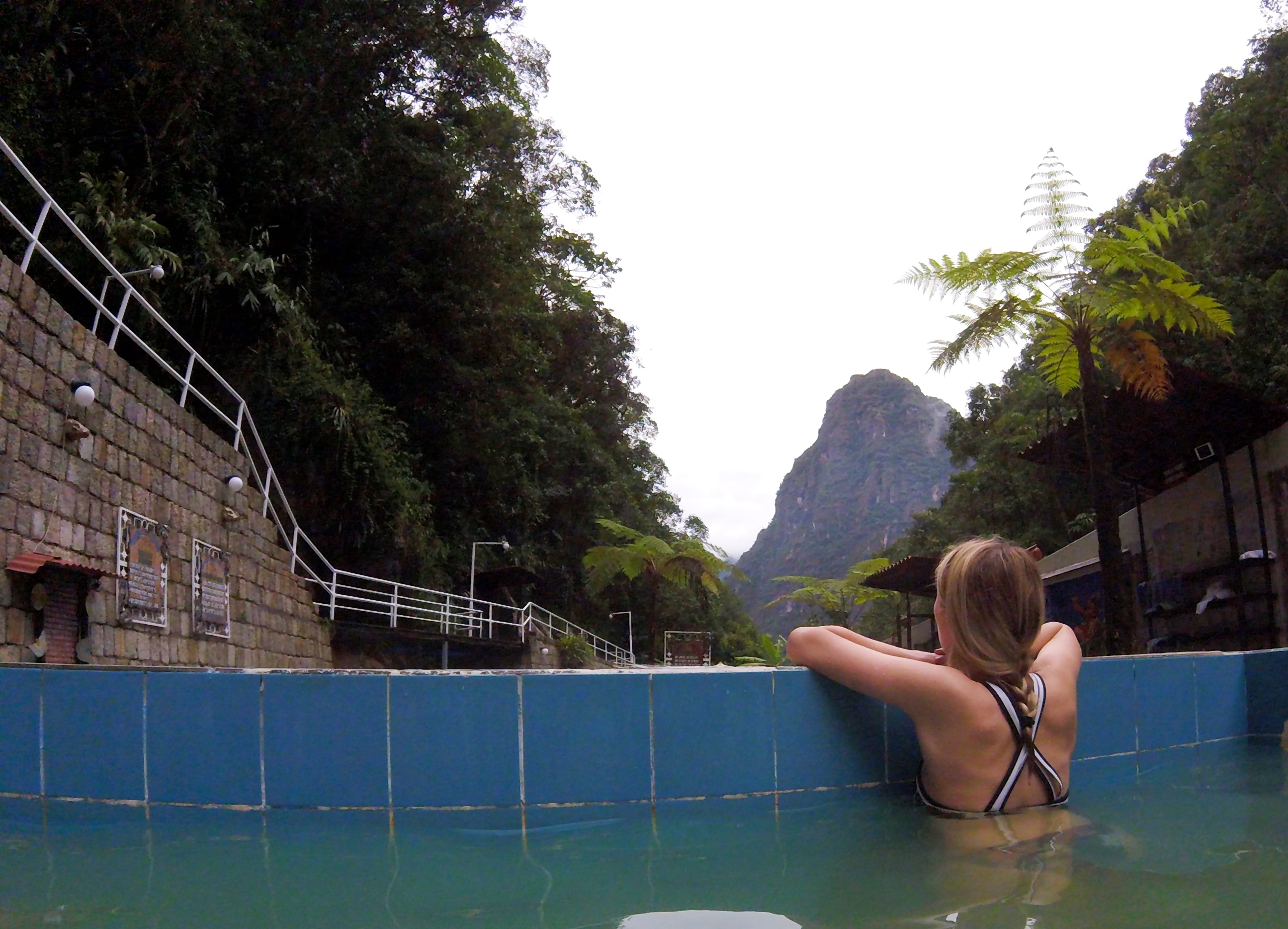 Amanda soaking in hot springs in Aguas Calientes