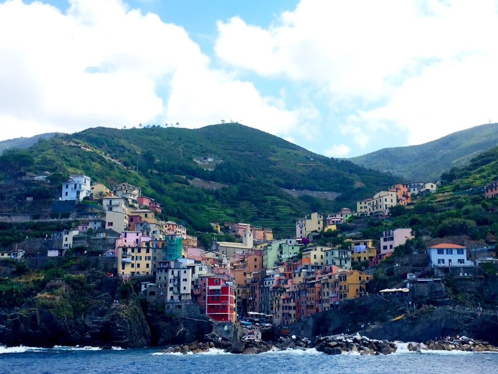 View of Riomaggiore in Cinque Terre from the ferry